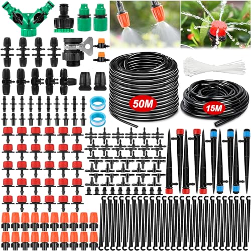 Garten BewässerungsSystem, 263Pcs Garten Bewässerung Kit, 50M+15M Bewässerungsrohre,Automatik Tröpfchenbewässerung Gartenbewässerung Misting Kühlsystem für Landschaft, Gewächshaus