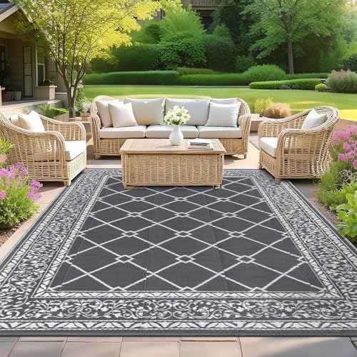 SHACOS Outdoor Teppich Wetterfest 240x300 cm Wendbarer Kunststoffteppich Balkon Teppich Waschbar UV-beständig Picknickdecke Außenteppich für Terrasse Patio Camping Garten, Grau