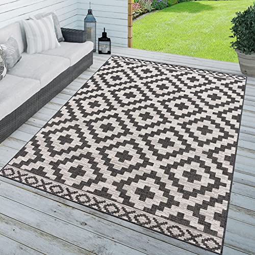 TT Home In-& Outdoorteppich Wetterfest Terrasse Geometrisches Rauten Boho Skandi Design, Farbe: Weiß Schwarz Creme, Größe:80x150 cm