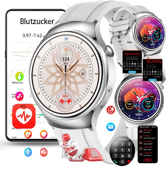 Fohatu 𝐛𝐥𝐮𝐭𝐳𝐮𝐜𝐤𝐞𝐫 Smartwatch 𝐃𝐢𝐚𝐛𝐞𝐭𝐞𝐬 Ecg 𝐛𝐥𝐮𝐭𝐳𝐮𝐜𝐤𝐞𝐫𝐦𝐞𝐬𝐬𝐮𝐧𝐠,Smartwatch Mit Bluetooth-Anrufe Blutfette Harnsäure Körpertemperatur Monitor,Silver glue
