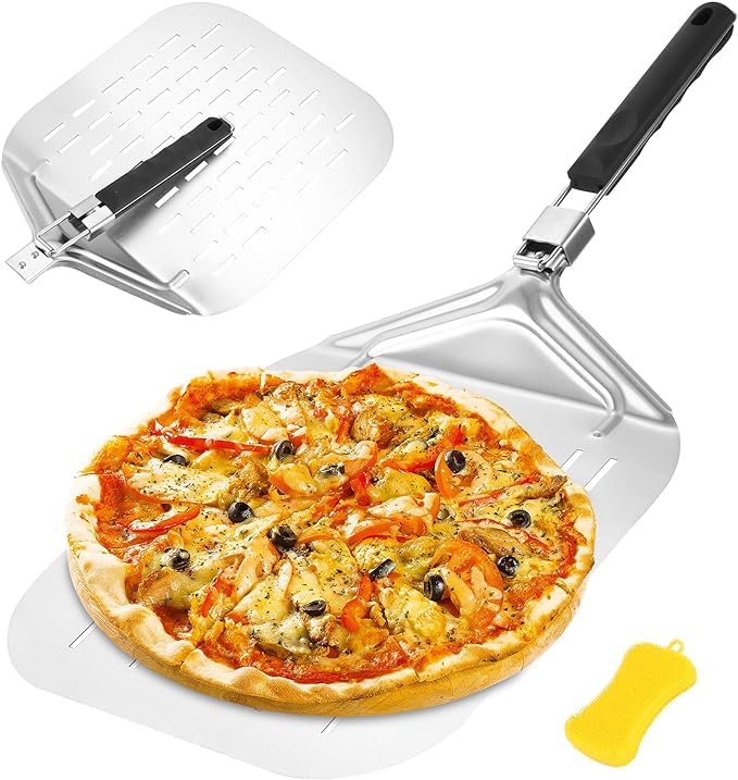 Zawaer Pizzaschieber Perforiert Aluminiumlegierung, Profi Pizzaschaufel für den Grill Oder Ofe Pizzastein, mit Klappbarer Griff, Stabileres 30 * 35cm große Pizza Schaufel zum Einfachen Verstauen
