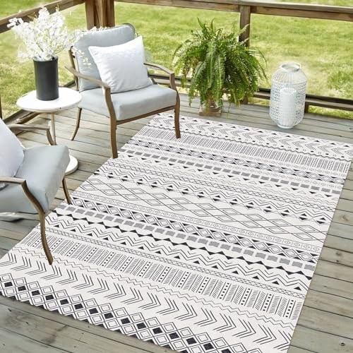 Vamcheer In-& Outdoor Modernes Teppich- robuster Teppiche, Ideal für Küche und Esszimmer, Teppich Läufer Vintage-Optik, Boho Geometrisches Style,Balkon Terrasse, schwarz 120x170