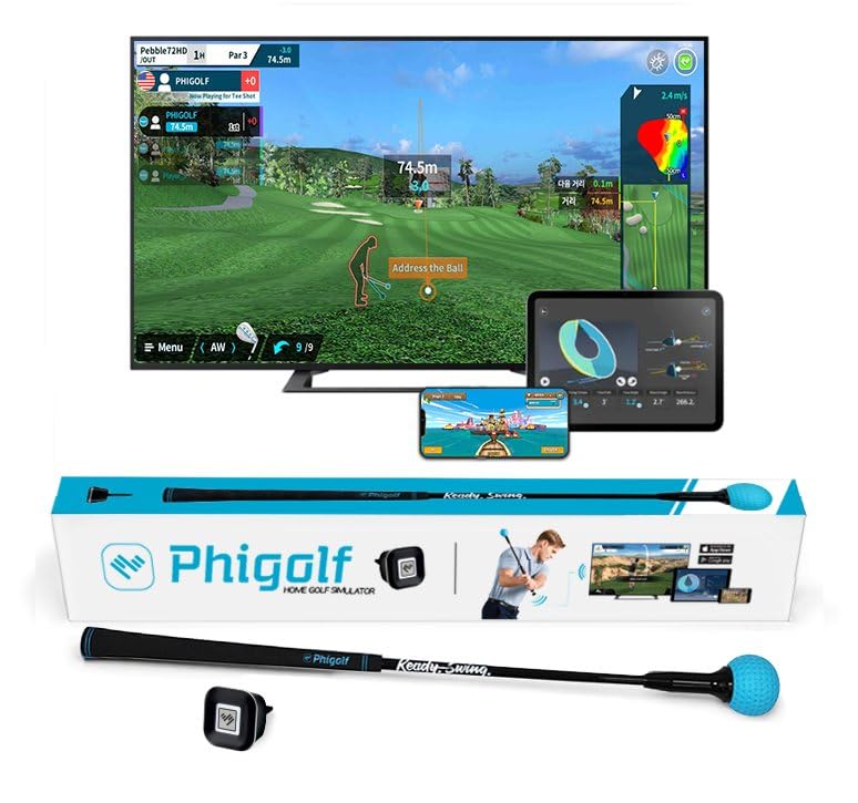 PHIGOLF Golfsimulator für Zuhause, Mobiles Golf Spiel Simulator mit Swing Stick & 3D Schwung Analyse WGT(World Golf Tour) Edition, Auf Smartphone, Tablet oder Smart-TV verwendbar