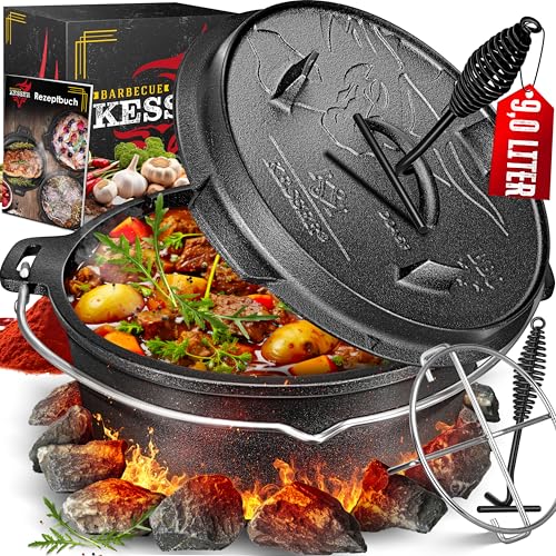 KESSER® Dutch Oven Set BBQ 9 Liter, Feuertopf Schmortopf mit Edelstahluntersetzer, Gusseisen Topf mit Deckelheber Henkel und Schlitz für Themormeter, kochkessel Grilltopf für Oudoor & Indoor