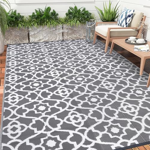Enyhom Outdoor Teppich für Patio, 240 x 300 cm Grau Robuster Handgefertigte Kunststoffteppich Wasserfest RV Camping Leichtgewicht Waschbar Garten Teppich für Balkon Picknick Strand BBQ