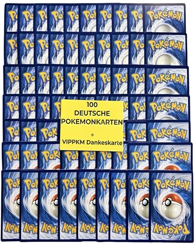 Pokemon Karten original Paket mit 100 verschiedenen Pokemon Karten deutsch - Pokemon Sammelkarten Set mit Holo Pokémon Karten Plus VIPPKM® Dankeskarte kompatibel mit Pokemon Karten Gold original