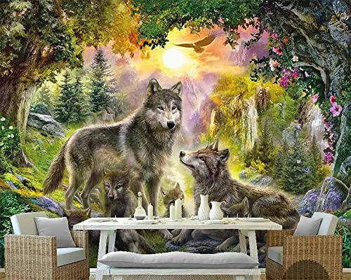 Fototapete -Wolf Custom 4D Mural Tapete-Grüner Wald Grauer Wilder Wolf Wilder Hund Tier Wandkunst Foto Wandbild Für Tv Hintergrund/Schlafzimmer/Wohnzimmer/Esszimmer/Cafe Zimmer Dekoration, 1