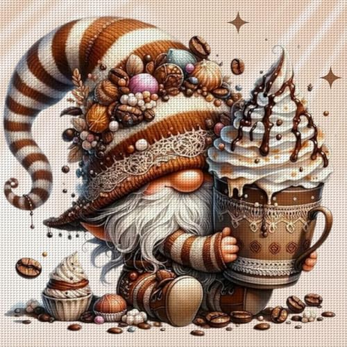 Generisch Kreuzstich Set Vorgedruckt Wichtel Kaffee, Stickvorlagen Stickbilder Vorgedruckt Kreuzstich Stickpackungen Cross Stitch Embroidery Kit Stickset Sticken Set Erwachsene Anfänger-Wichtel-3