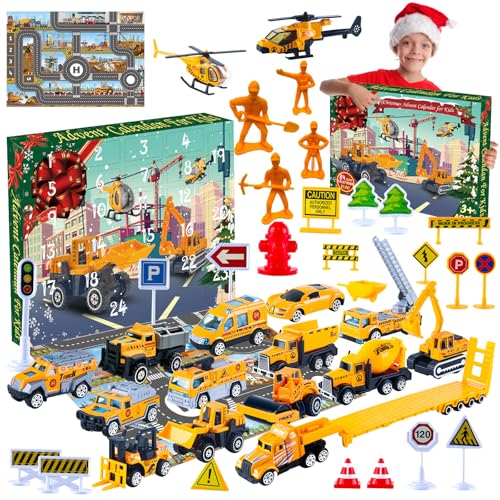 Akosuntoys Adventskalender 2024 Kinder Auto, Adventskalender Jungen 3 4 5 6 Jahre Geschenk Junge Mädchen 3-8 Jahre Weihnachtskalender Kinder Spielzeug ab 3-6 Jahre Baustelle Bagger Spielzeug