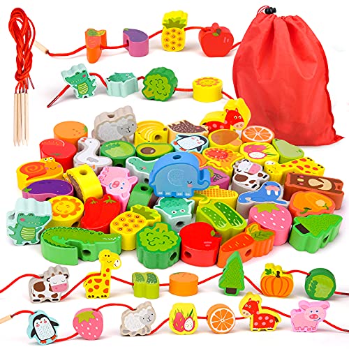 Sheirying Montessori Spielzeug,Holzspielzeug Fädelspiel Geschenk Motorikspielzeug ab 3 4 5 Jahr Madchen Jungen Baby Kinderspielzeug holzperlen für Kinder Geschenke