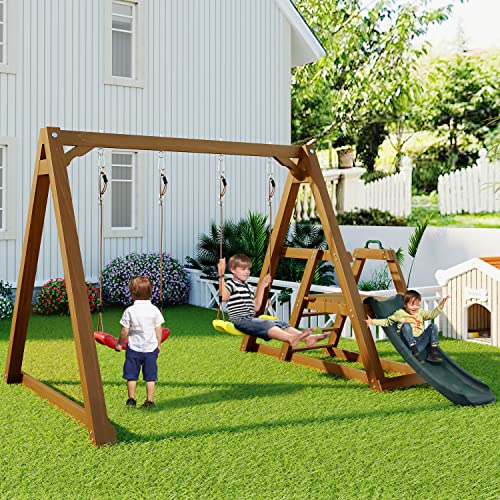 Jaxenor Schaukelgestell Outdoor Holz mit 2 Schaukelsitzen, Garten Schaukel Outdoor mit Gestell, Robuste Gartenschaukel Kinder mit Rutsche und Kletterleiter, Schaukelgerüst, Braun