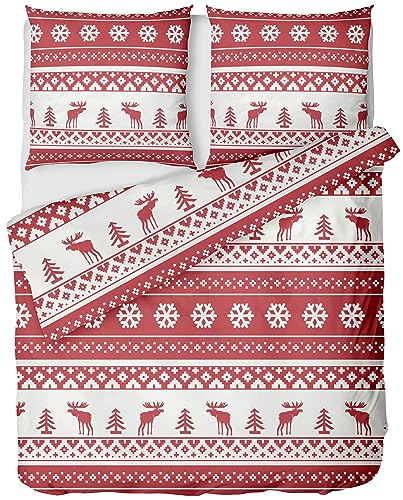 LINKHOFF Winter Flanell Bettwäsche 135x200 2 teilig - Fein-Biber Weihnachtsbettwäsche in Rot - Weihnachts Bettwäsche aus 100% Baumwolle - Winterbettwäsche Hirsch