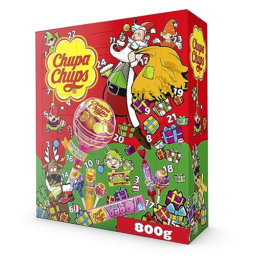 Chupa Chups XXL Adventskalender 2023, 24 Türchen mit einem Mix aus verschiedenen Lutscher- & Kaugummi-Sorten, Süßigkeiten Weihnachtskalender, 1x722g