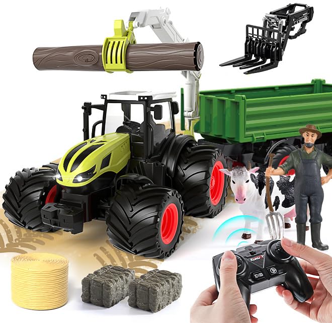 Hyrenee Ferngesteuerter Traktor Spielzeug RC Forstwirtschaft Bauernhof Traktor Spielzeug mit Logging Trailer Gelenkkran Arm1/24 Skala 2.4Ghz für 3-12 Jahre alt Jungen Kinder Kleinkinder