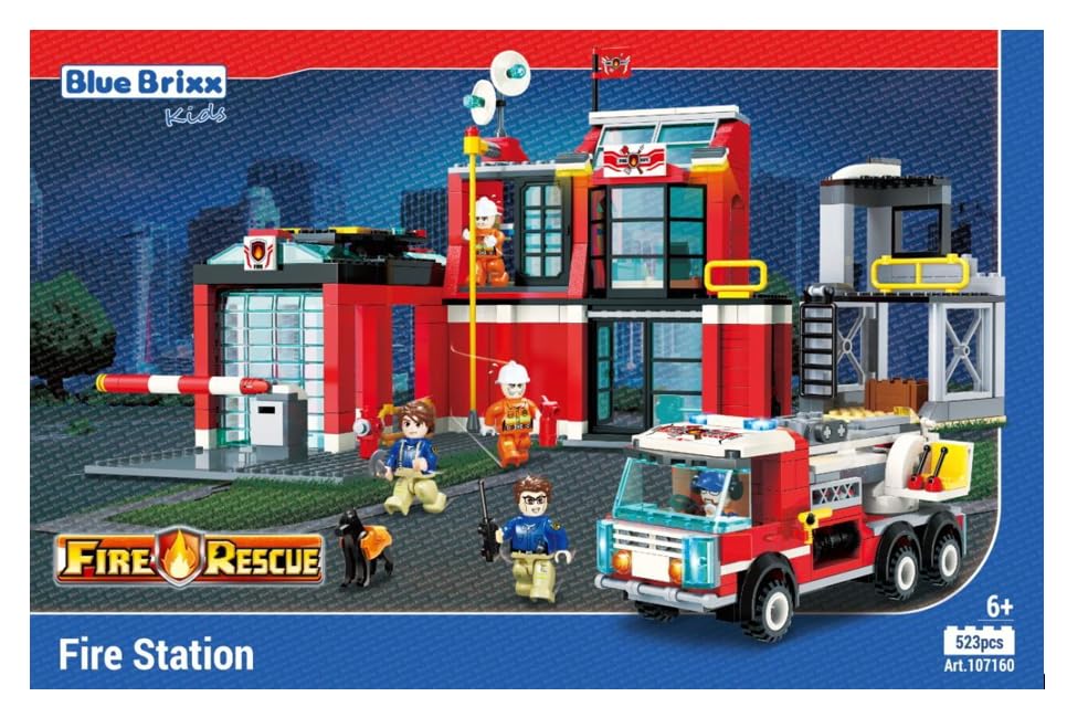 BlueBrixx Pro - Stadtfeuerwehr: Feuerwache - Klemmbausteine-Set für Kinder ab 6 Jahren, 523 Teile - Geschenk für Jungen & Mädchen - 107160