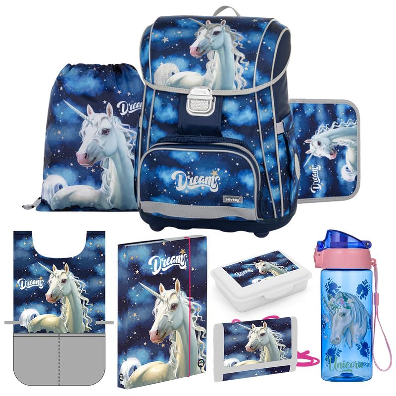 OXYBAG PREMIUM Schulset 8tlg. mit Einhorn Motive | Ergonomische Aktovka, Sportbeutel, Federmappe, Kunstponcho, Trinkflasche, Snackbox & mehr | Ideal für 1. und 2. Klasse | Stilvoll für den Schulstart