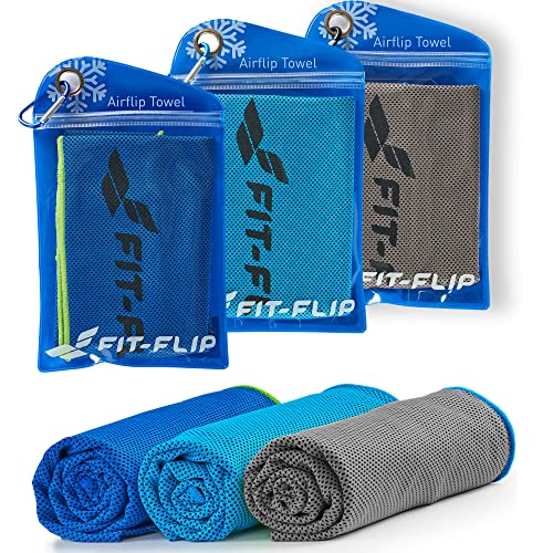 Fit-Flip Kühltuch 3er Set – kühlendes Handtuch Fitness und Sport – mikrofaser kühlhandtuch – Airflip kühltücher – cool Ice Towel (dunkelblau-grün/grau-blau/blau-dunkelblau, 100x30cm)