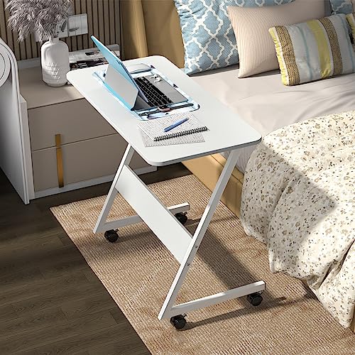 PIPIPOXER Computertisch Z-förmiger Laptoptisch Schreibtisch mit drehbarer Rollen Computertisch Z-förmiger Schreibtisch auf Bodendrehung für kleine Räume,Schlafzimmer,Büro,Bett,Sofa(Weiß) 80x40x75cm