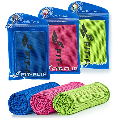 Fit-Flip Kühltuch 3er Set – kühlendes Handtuch Fitness und Sport – mikrofaser kühlhandtuch – Airflip kühltücher – cool Ice Towel (dunkelblau/grün/pink, 100x30cm)