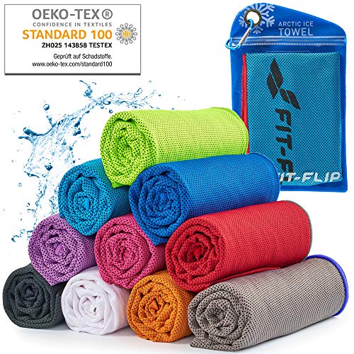 Cooling Towel für Sport & Fitness, Mikrofaser Handtuch/Kühltuch als kühlendes Handtuch für Laufen, Trekking, Reise & Yoga, Airflip Cooling Towel, Farbe: blau-roter Rand, Größe: 100x30cm