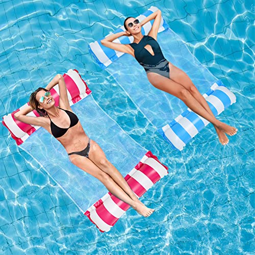 Idota Aufblasbare Wasserhängematte 2 Stück, Luftmatrazenbett Pool 4 in1 Schwimmmatte mit Netz, Luftmatratze Wasser Pool Spielzeug für Sommer Poolpartys, Wasser Hängematte(rosa und blau)