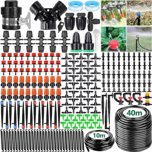 VIPNAJI 322 Stück Bewässerungssystem, 40M + 10M Bewässerungssets Micro Automatische Bewässerung KIt Gewächshaus, Tröpfchenbewässerung Bewässerungssystem Garten Gewächshaus Pflanzen