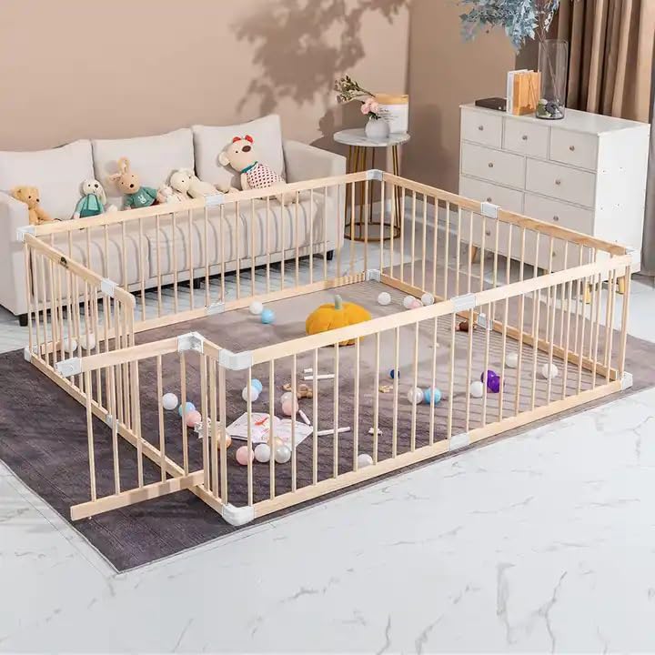 Modularer Baby XXL-Laufstall aus massivem Kiefernholz – Sicherer unlackierter Laufstall mit Tür – TOP-QUALITÄT& einfacher Auf-/Abbau in 10 Minuten – 190X190/180X200cm – Faltbarer Baby
