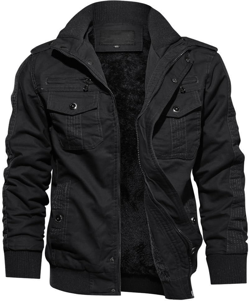 TACVASEN Herren Fleecejacke Warme Jacke Winter Thermojacke Gefüttert Übergangsjacke Militär Feldjacke Cargojacke (L, Schwarz)