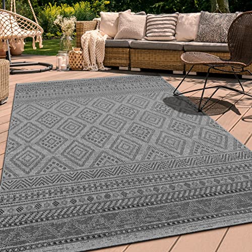 Paco Home In-& Outdoor Teppich Balkon Terrasse Küchenteppich Modernes Boho Ethno Muster, Grösse:300x400 cm, Farbe:Anthrazit