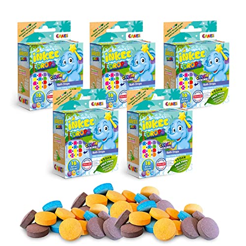 CRAZE INKEE Bath Drops | 5er Pack Badetabletten zum Farben Lernen, Badefarben für Kinder Badewanne - 80 Badekugeln Kinder mit Erdbeer-Duft, 1 Stück (5er Pack)
