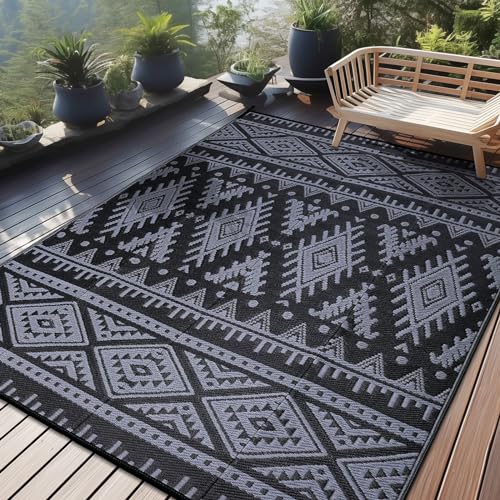 Homaxy Outdoor Teppich Wetterfest, Kunststoff Stroh Faltbar Waschbar UV-beständig Wendbar Balkon Garten Teppich für Terrasse Camping Picknick (240 x 300 cm, Schwarz & Grau)