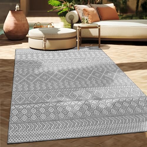 Paco Home Outdoor Teppich Flachgewebe Modern Boho-Style wetterfest & UV-beständig Ideal für Terrasse Balkon Wohnzimmer & Küche, Grösse:120x160 cm, Farbe:Grau 3