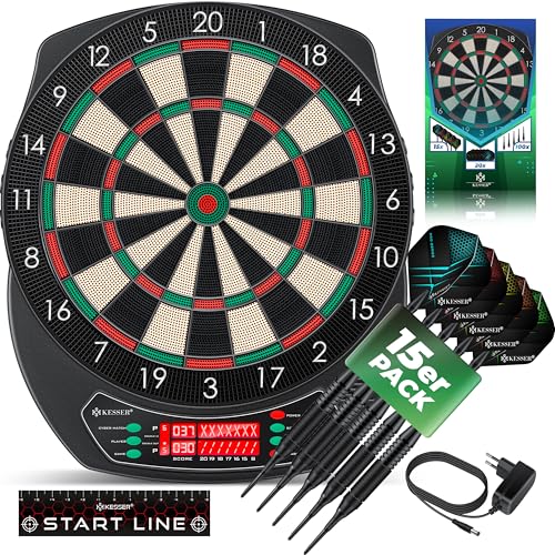 KESSER® Elektronische Dartscheibe Profi Set - E Dartboard mit 15 Dartpfeile + 35 Pro Flights 100 Pfeilspitzen + Zubehör Dart für 1 bis 8 Spieler