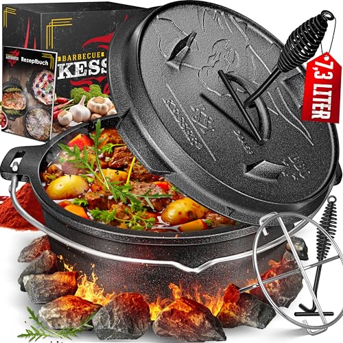 KESSER® Dutch Oven Set BBQ 7,3 Liter, Feuertopf Schmortopf mit Edelstahluntersetzer, Gusseisen Topf mit Deckelheber Henkel und Schlitz für Themormeter, kochkessel Grilltopf für Oudoor & Indoor