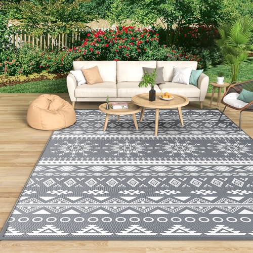 MOKANI Outdoor Teppich Wetterfest, Wendbarer Balkon Camping Teppich 120x180 cm, Kunststoff Stroh Terrasse Matte UV-beständige Outdoorteppich Rug Carpet für Garten RV Picknick, Boho-Style, Grau