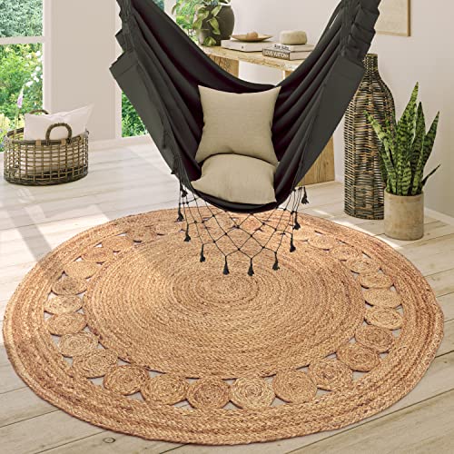 Paco Home Teppich Rund Wohnzimmer Jute Boho Ethno Muster Modern Handgefertigt Naturteppich, Grösse:80 cm Rund, Farbe:Natur