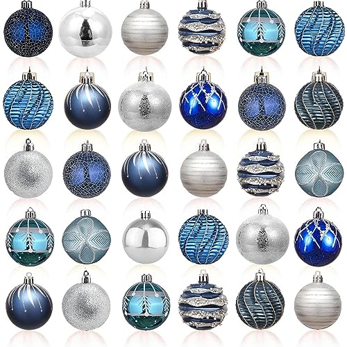 30 Stück Weihnachtskugeln Weihnachtsdeko Set Blau Gold,6cm Kunststoff Weihnachtsbaumkugeln Box mit Aufhänger Christbaumkugeln Plastik Bruchsicher, Weihnachtsbaumschmuck