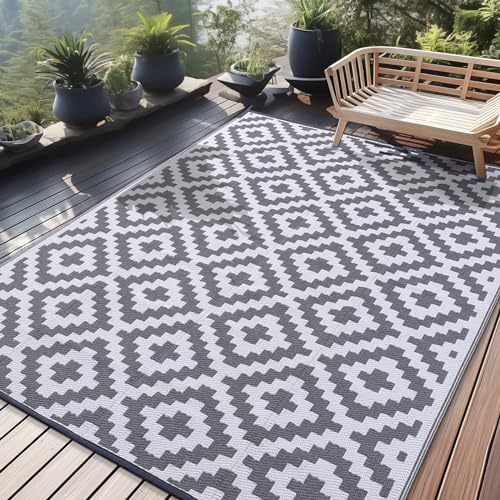 Homaxy Outdoor Teppich Wetterfest, Kunststoff Stroh UV-beständig Wendbar Faltbar Waschbar Balkon Garten Teppich für Terrasse Camping Picknick (240 x 300 cm, Grau & Weiß)