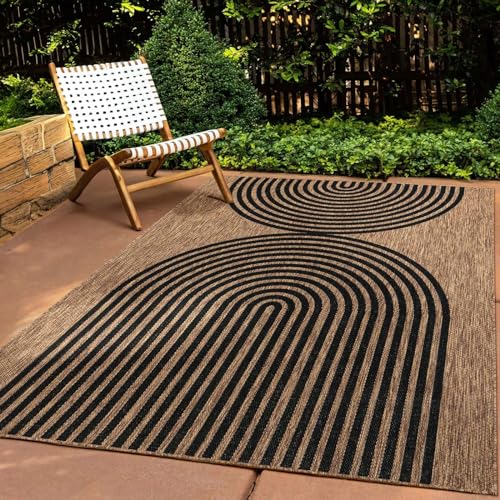 In & Outdoor Teppich Wetterfest Wohnzimmer Balkon Küchenteppich Terrassenteppich Flachgewebe Sisaloptik mit Muster Boho Kreise schwarz 080x150 cm