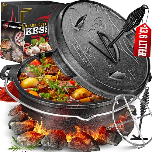 KESSER® Dutch Oven Set BBQ 12 Liter, Feuertopf Schmortopf mit Edelstahluntersetzer, Gusseisen Topf mit Deckelheber Henkel und Schlitz für Themormeter, kochkessel Grilltopf für Oudoor & Indoor
