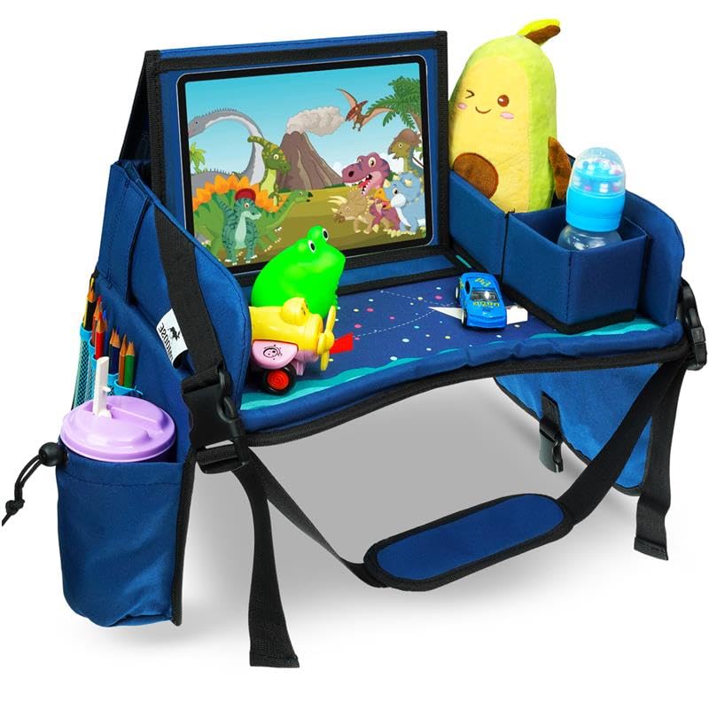 DMoose Reisetisch Auto Kinder – Kindersitz Tablett aus 600D Oxford – Mit Becherhalter & wasserdichtem Tablet-Halter – Tragbares Reisezubehör mit Seitenwänden für Kleinkinder