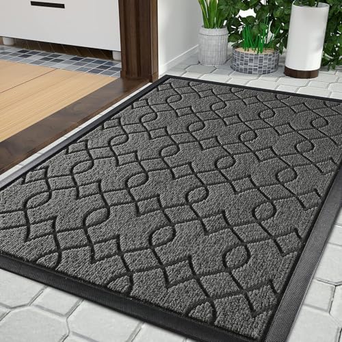 Yimobra Fussmatte Aussen, Waschbar Wetterfest, 75 x 43 cm, Robuste und Wasserabsorbierende, Schmutzresistente Fußmatten, Mit Rutschfester Rückseite Fußmatte Gummi, Schwarz Grau