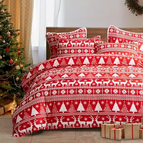 Luowei Weihnachts Bettwäsche 135x200 Rentier Hirschmotiv Schneeflocke Rot Weiß Feinbiber Bettwäsche Set und Kissenbezüge 80x80cm mit Reißverschluss