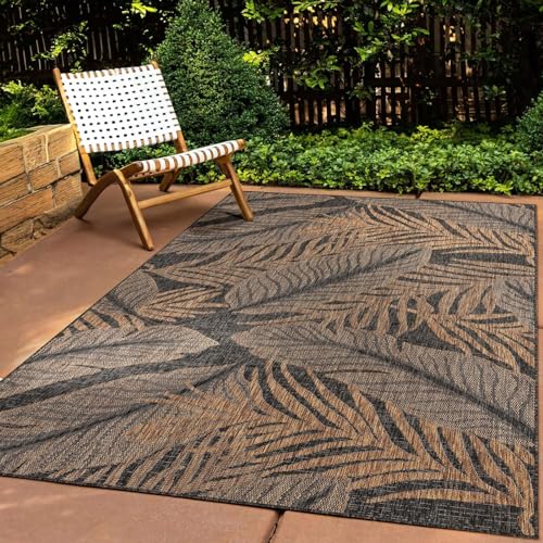 In & Outdoor Teppich Wetterfest Wohnzimmer Balkon Küchenteppich Terrassenteppich Flachgewebe Sisaloptik mit Muster blätter schwarz 140x200 cm