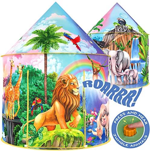 W&O Kinderzelt Dschungel-Abenteuer mit Dschungel-Soundknopf – Kinderzelt für Drinnen und Draußen – Mit Safari Tiere Figuren – Pop-up Zelt Kinderzimmer als Spielzelt – Spielzelte Kinder Indoor