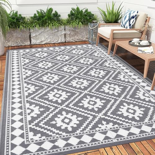 Enyhom Groß Outdoor Picknickdecke, 270x360cm Tragbar Leichtgewicht Balkonteppich Wendbar Recycelter Kunststoff Teppich Wasserabweisend RV Camping Außenteppich für Terrasse Garten, Grau