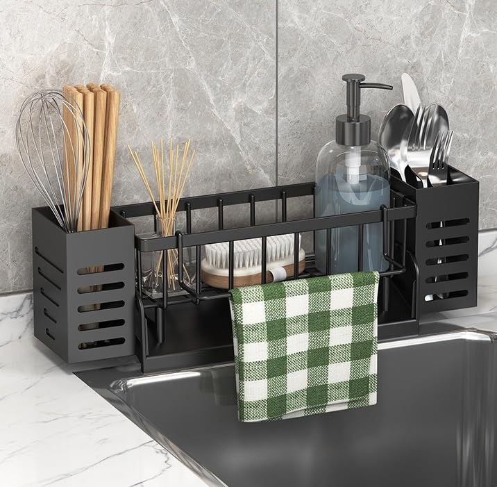 Spülbecken Organizer Kitchen Schwammhalter - Spüle organizer mit Spültuchhalter und Aufbewahrungsbox, Metall Sink Organizer mit Automatisch Abflusspfanne, Kann an die Wand Gehängt Werden(Schwarz)