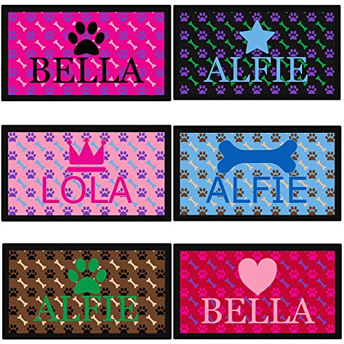 Futternapf-Matte für Hunde, Pfoten- und Knochenmotiv, gummierte Unterseite, personalisierbar mit Name und Emoji
