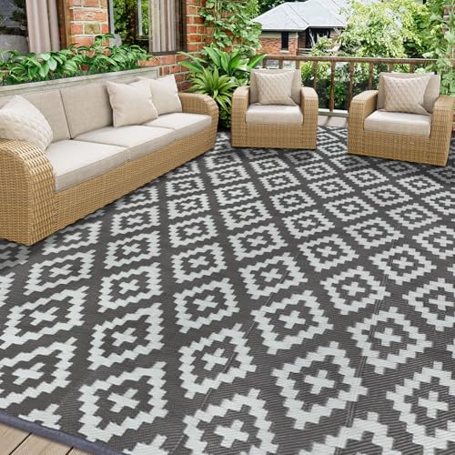 Homcomodar Outdoor Teppich für Patio Clearance 270x365cm UV-beständige Camping Matte Kunststoff Stroh Teppiche Patio Teppich Reversible Matten für BBQ Picknick Deck(Grau)
