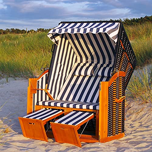 Swing & Harmonie LED - Strandkorb XXL - 118cm inkl. Abdeckcover Luxus Volllieger mit Solarmodul Ostsee Sonneninsel Rattan Möbel Polyrattan (blau/weiß - gestreift)